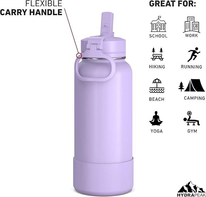 Hydrapeak 32oz Sport Insulated Water Bottle with Straw or Chug Lid, Leak & Spill Proof, Keeps Drinks Cold for 24 Hours, Hot for 12 Hours, Premium Stainless Steel Water Bottles (32oz, Dlavender)