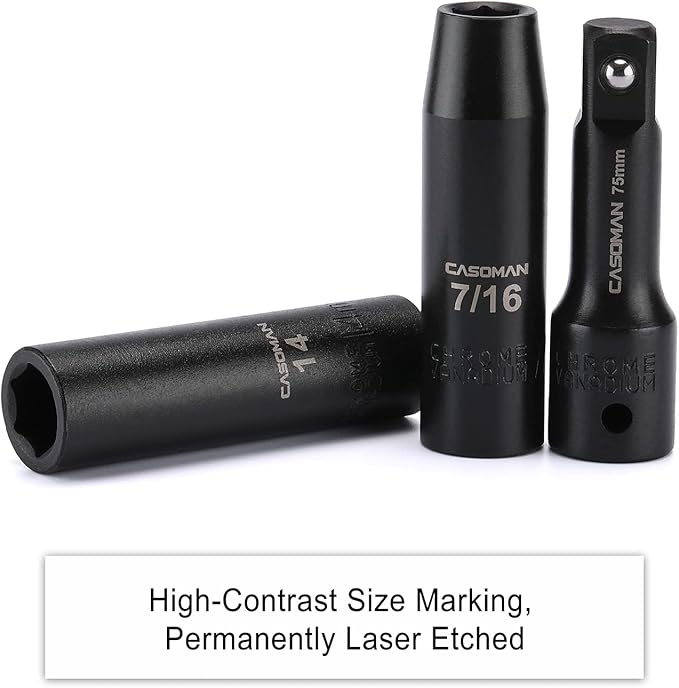 CASOMAN 25PCS 1/2" Drive Impact Socket Set, Deep, Cr-V Steel, 6 Point, Metric&SAE, 12mm to 24mm, 3/8 Inch to 1 Inch, Includes Extension Bars: 3-inch, 5-inch, 1/2-1/4 adapter