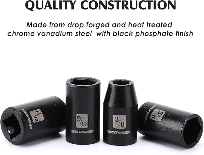MIXPOWER 14 Pieces 1/2-Inch Drive Shallow Impact Socket Set, 3/8-Inch to 1-1/4 Inch, CR-V, SAE, 6 Point, Shallow, 14 Pieces 1/2" Dr. Shallow Socket