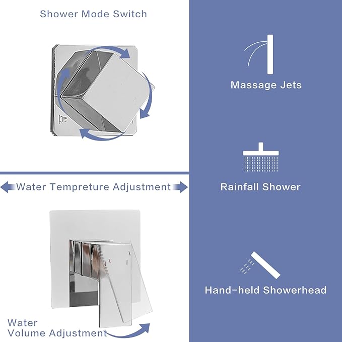 BWE Shower Panel with Rainfall Shower Head 3-Function Faucet Stainless Steel Wall Mount Retrofit Shower System with 2 Body Massage Jets and Handheld Shower,Brushed Nickel