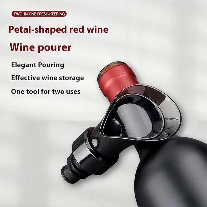 GeRRiT Black Wine Stopper Creative Petal Type Red Wine Vacuum Preservation Stopper Wine Pourer 2-in-1 Decanter Quick Wine Primer, Ideal Gift Accessories, short