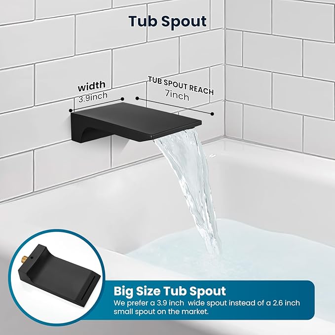 gotonovo Shower System with Tub Spout,Waterfall Tub Shower Faucet Set for Bathroom Head and Handle Set Wall Mounted 3 Function Rough-in Valve and Trim Included 12 inch Shower Head Matte Black