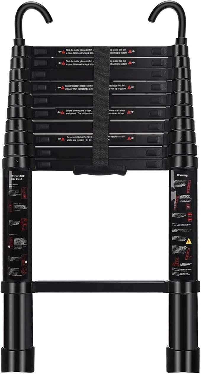 Telescoping Ladder 10.5 FT - Aluminum Telescopic Ladder with Hooks - Folding Extension Ladders for Home Work Loft Roof Attic RV Ladder with EN131 Certification - 330lbs Max Capacity (Black)