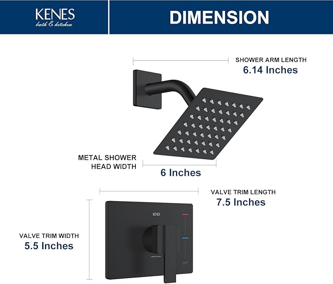 KENES Matte Black Shower Faucet, Shower Trim Kit with Single-Spray Stainless Black Rain Shower Head, Shower Trim Systems Wall Mount, KE-6025B-2 (Shower Valve Included)