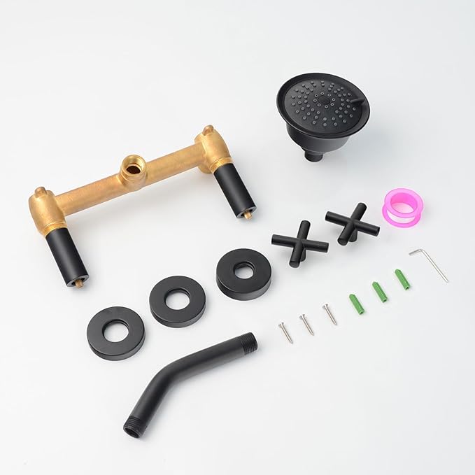 2 Handle Shower Faucet,Wall Mounted Two Handles Shower Faucet Set with 3 Modes Rainfall Shower Head,2 Knobs Single Function Shower Trim Kit with Rough-in Valve,Matte Black,1A3MK