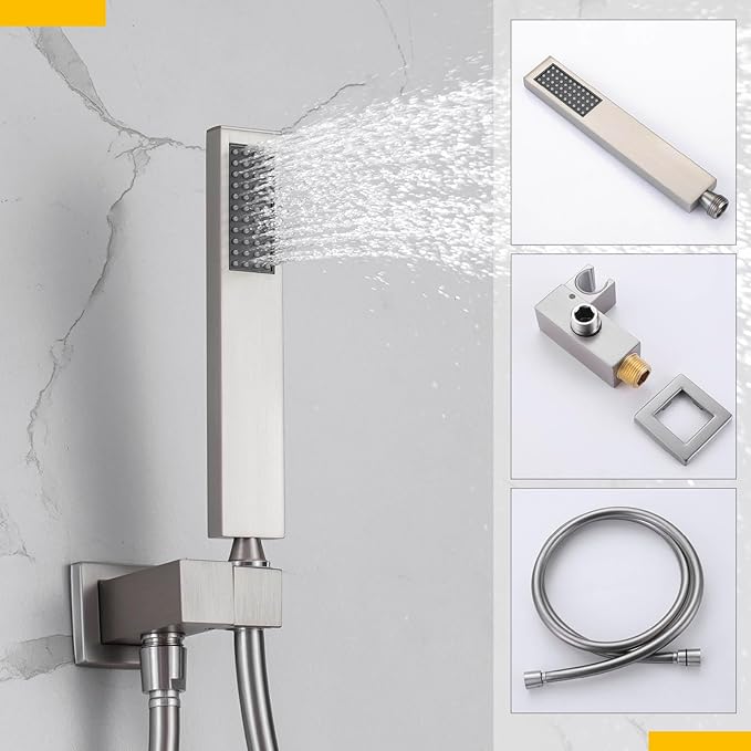 Rain Shower System with Handheld Shower, 10 Inch Wall Mounted Shower Faucet Set Bathroom Luxury Rain Mixer Shower Combo Set Rough-in Valve and Trim Kit, Brushed Nickel