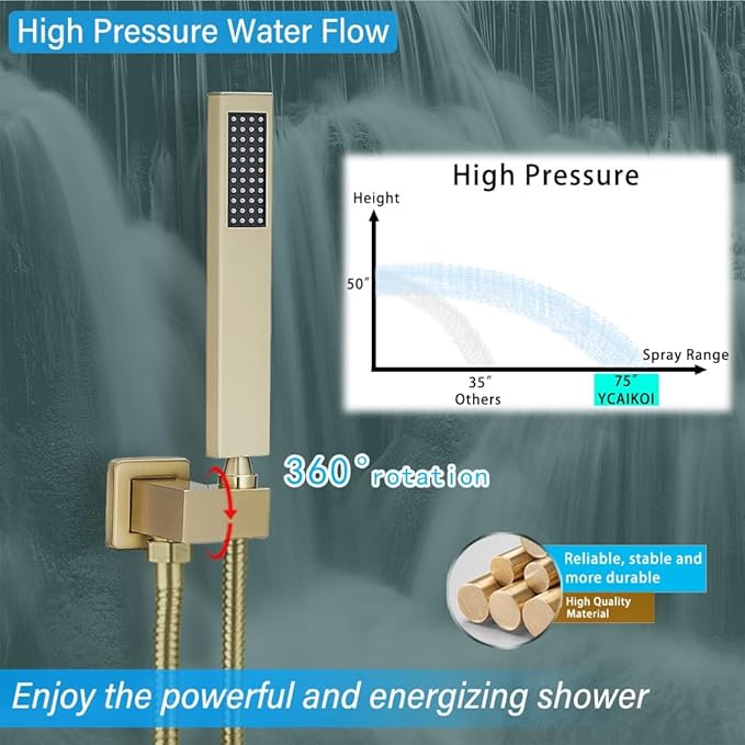Shower Faucet Set Complete, Wall Mount Shower System for Bathroom 12 Inch High-Pressure Rainfall Shower with Handheld, Rough-in Valve Body and Trim Kit, Brushed Gold