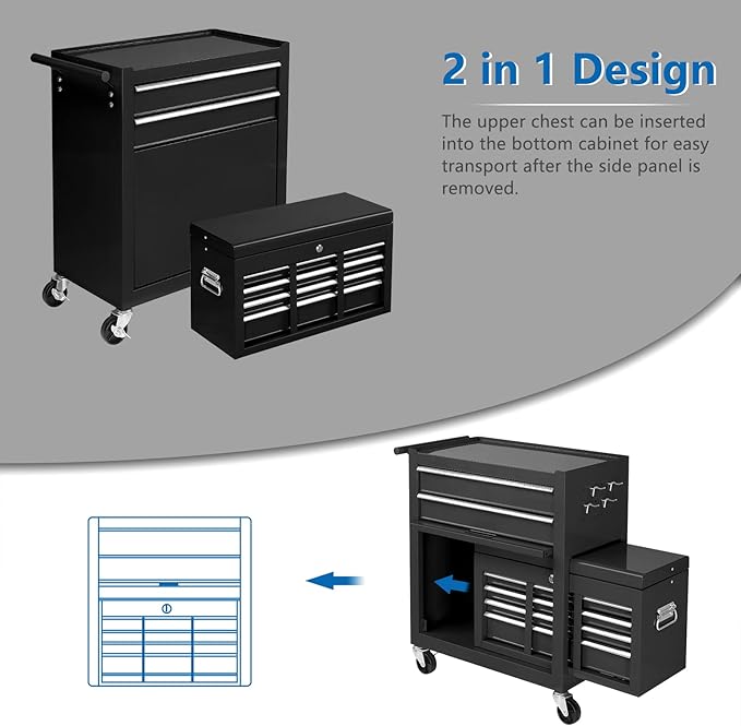 TUFFIOM 8-Drawer Rolling Tool Chest, Tool Storage Cabinet w/Lockable Wheels, Detachable Top, Drawers & Side Hooks, Mechanic Tool Organizer Box for Garage Warehouse Repair Shop