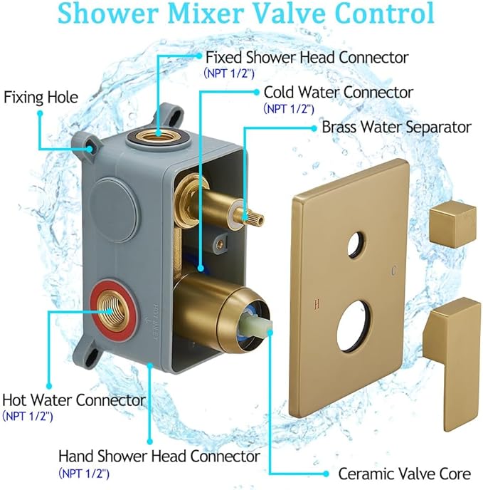 Brushed Gold Shower System 8 Inch Bathroom Luxury Rain Mixer Shower Combo Set Wall Mounted Rainfall Shower Head and Handheld System Shower Faucet Set Rough-in Valve Body and Trim Included