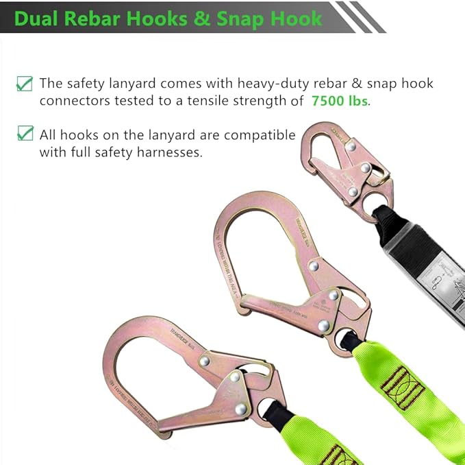 6FT Double Leg Internal Shock Absorbing Safety Fall Protection Lanyard with Dual Rebar & Snap Hook |Heavy-Duty Webbing | Roofer, Construction, Scaffolding | OSHA & ANSI Rated (A-Shock Absorbing)