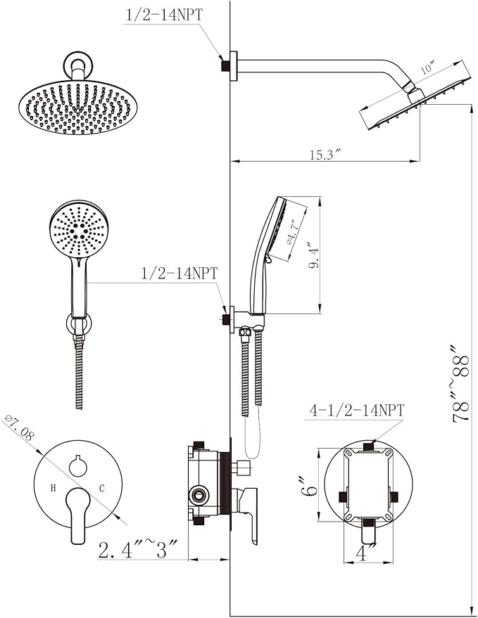 Shower Faucet Set Brass 10IN Rough-In Valve Body Trim Kit Rainfall Included Handle Accessories Complete 2 Functions with Rain Head and Handheld Bathroom Systems (10'', Brushed Gold)