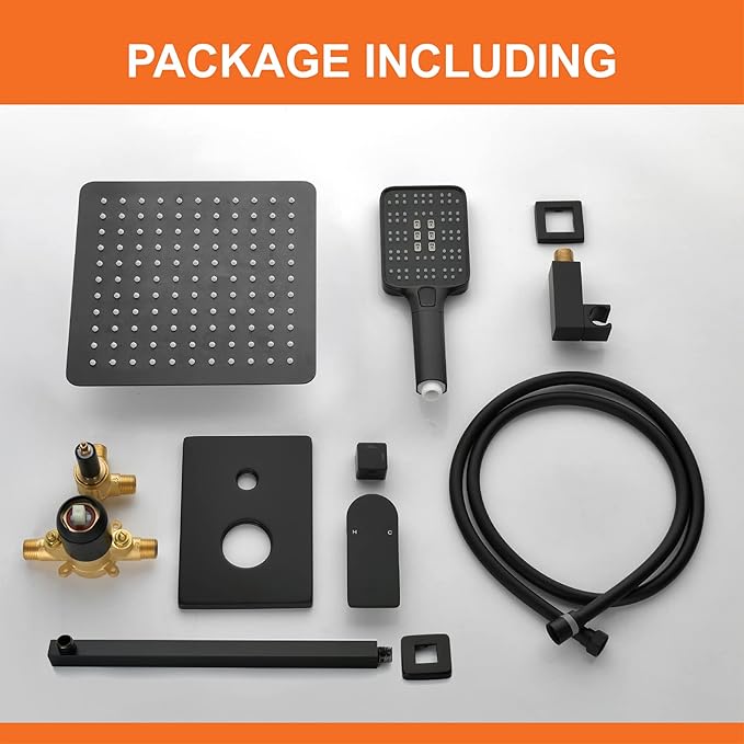 Shower Faucet Set Matte Black Shower System with 10 Inches Stainless Steel Rainfall Shower Head Pressure Balance Rough-in Valve Trim Kit Shower Fixture Combo Set,6012B