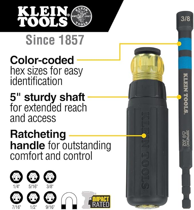 Klein Tools 80182 Ratcheting Impact-Rated Hollow Power Nut Driver Set with Handle, Magnetic, 6 SAE Hex Sizes plus Zipper Canvas Tool Bag, 12.5 x 7 x 0.7-Inch 8-Piece
