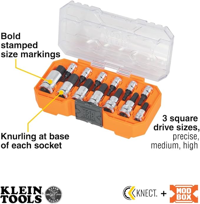 Klein Tools 65213HEXM Knurled Hex Bit Metric Socket Set, 1/4, 3/8 and 1/2-Inch Drives, Premium Cr-V Steel, Metric Sizes 2 mm to 14 mm, MODbox Case, 13-Piece