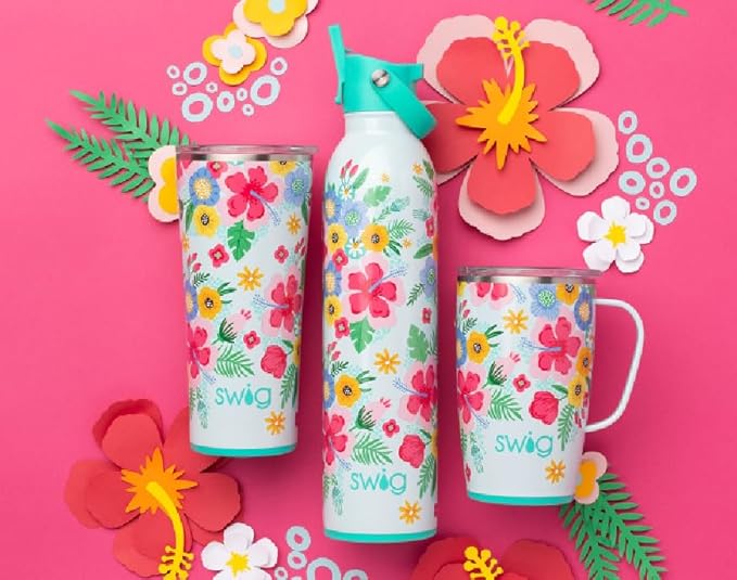 Swig Life 26oz Insulated Water Bottle with Straw & Flip + Sip Handle | Leak Proof, Dishwasher Safe, Cup Holder Friendly, Stainless Steel Water Bottle (Island Bloom)