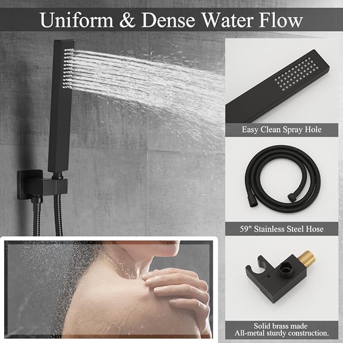 Shower Faucet Set 16 Inch Wall Mount Rain Shower System, All Metal Shower Fixtures - Matte Black