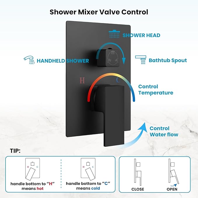 gotonovo Shower System with Tub Spout,Waterfall Tub Shower Faucet Set for Bathroom Head and Handle Set Wall Mounted 3 Function Rough-in Valve and Trim Included 10 inch Shower Head Matte Black