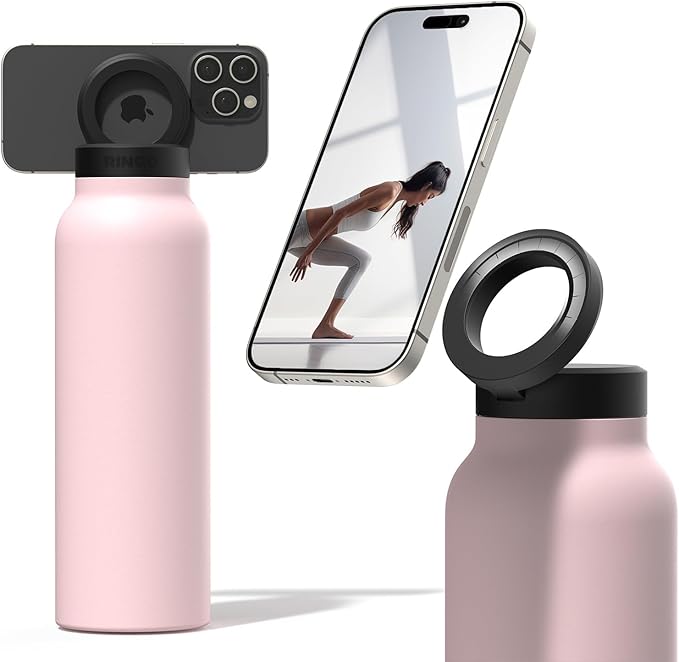 Ringo Insulated Water Bottle - Compatible MagSafe Water Bottle w/Phone Holder - Stainless Steel School Water Bottle w/Magnetic Phone Mount for Kids & Adult- Hot 12H, Cold 24H 360° Rotate - Pink 24oz