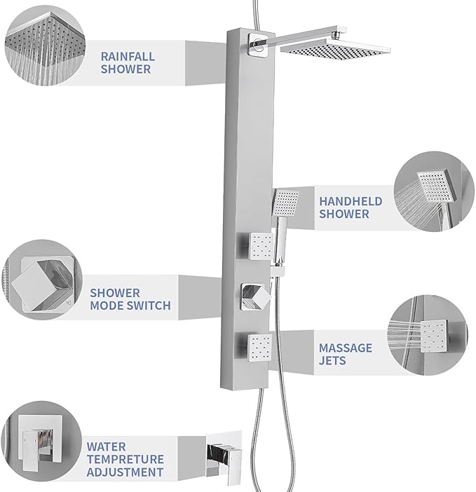 BWE Shower Panel with Rainfall Shower Head 3-Function Faucet Stainless Steel Wall Mount Retrofit Shower System with 2 Body Massage Jets and Handheld Shower,Brushed Nickel