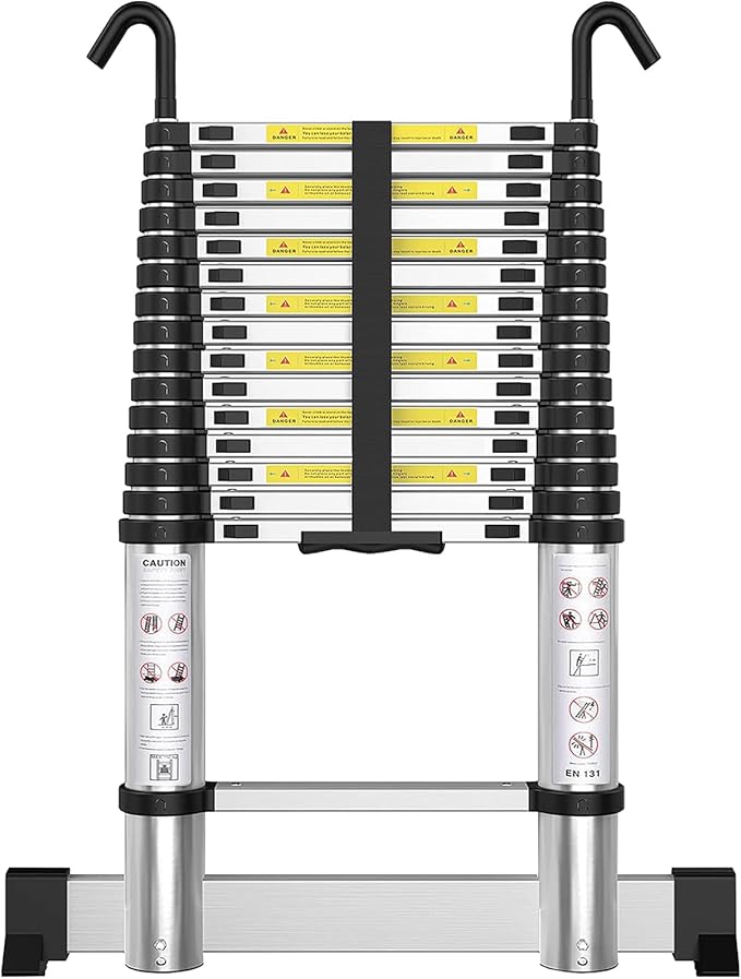 Telescoping Ladder with Hooks 20 FT - Aluminum Telescopic Ladder with Stabilizer - Retractable Extension Ladders for Home Loft Roof RV Work with EN131 Certification - 330lbs Max Capacity