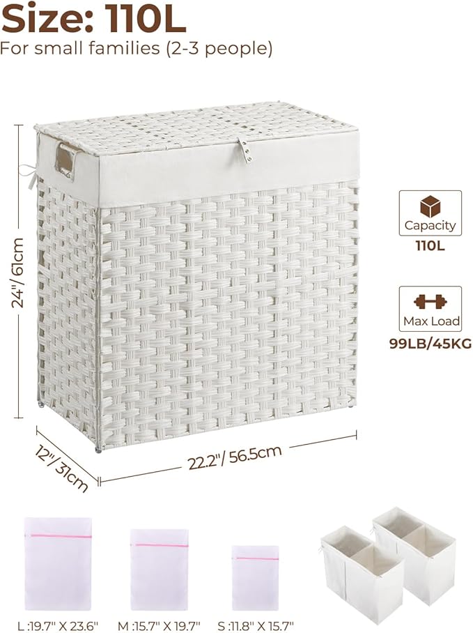 Greenstell Laundry Hamper with lid, No Install Needed, 110L Wicker Laundry Baskets Foldable 2 Removable Liner Bags, 2 Section Clothes Hamper Handwoven Rattan Laundry Basket with Handles, White