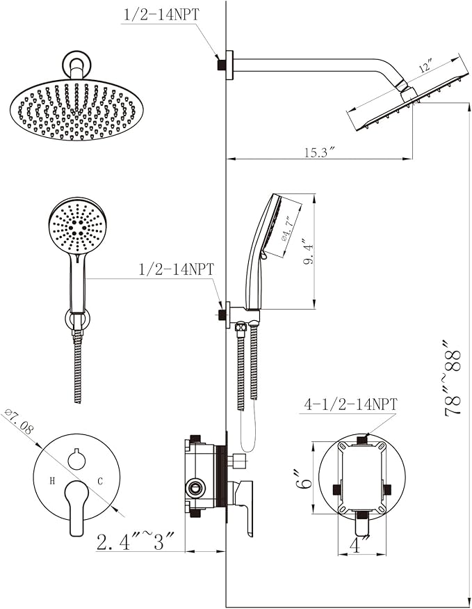 Shower Faucet Set Brass 12IN Rough-In Valve Body Trim Kit Rainfall Included Handle Accessories Complete 2 Functions with Rain Head and Handheld Bathroom Systems (12'', Brushed Gold)