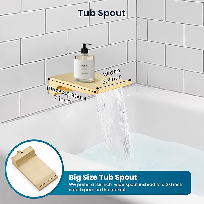 gotonovo Shower System with Tub Spout,Waterfall Tub Shower Faucet Set for Bathroom Head and Handle Set Wall Mounted 3 Function Rough-in Valve and Trim Included 10 inch Shower Head Brushed Gold
