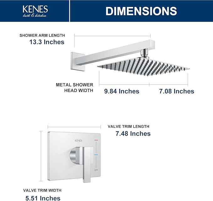 KENES Modern Polished Chrome Shower Faucet Set, Square Shower Trim Kit with Single-Spray Shower Head, Shower Trim Systems Wall Mount, KE-6024B-5 (Shower Valve Included)