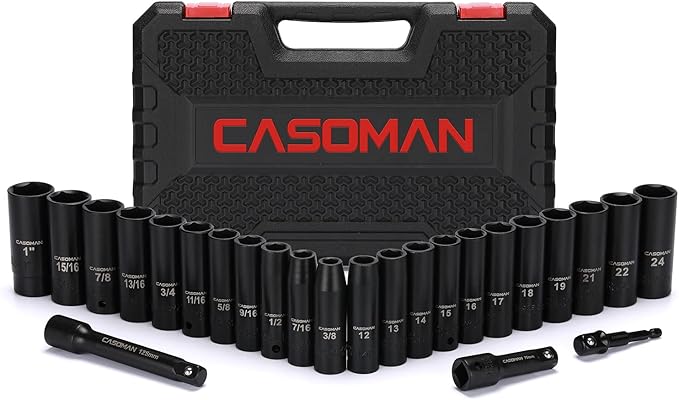 CASOMAN 25PCS 1/2" Drive Impact Socket Set, Deep, Cr-V Steel, 6 Point, Metric&SAE, 12mm to 24mm, 3/8 Inch to 1 Inch, Includes Extension Bars: 3-inch, 5-inch, 1/2-1/4 adapter