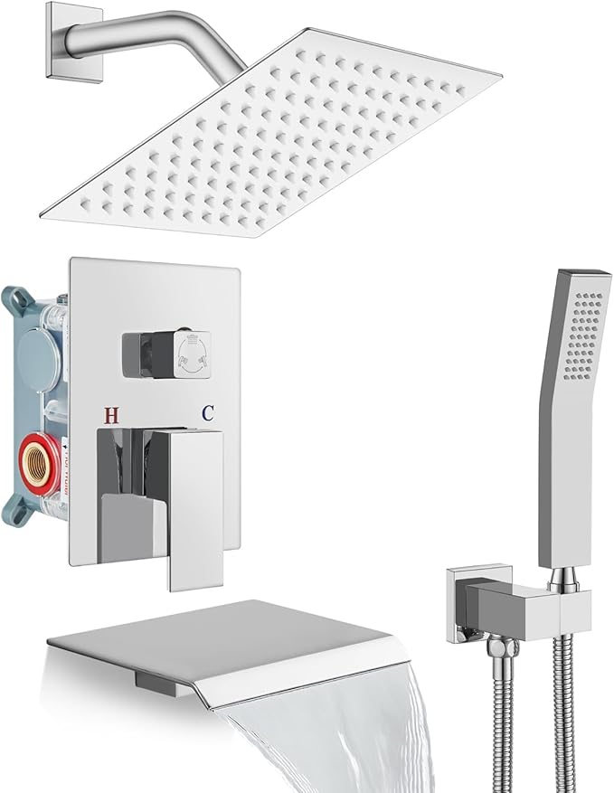 gotonovo Rain Shower Faucet System Set Rainfall Shower Head with Handheld Sprayer Waterfall Tub Spout Wall Mounted Mixer Combo Rough-in Valve and Trim Included 8 Inch Showerhead Polished Chrome