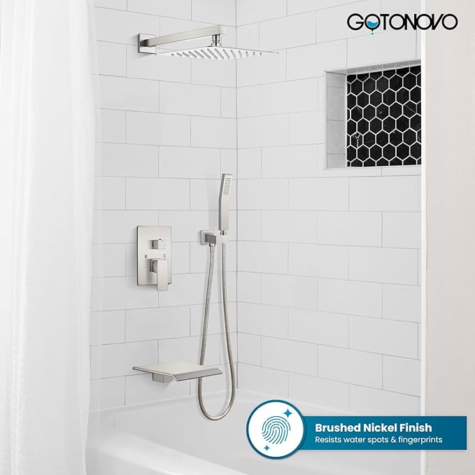 gotonovo Rain Shower Faucet System Set Rainfall Shower Head with Handheld Sprayer Waterfall Tub Spout Wall Mounted Mixer Combo Rough-in Valve and Trim Included 12 Inch Showerhead Brushed Nickel