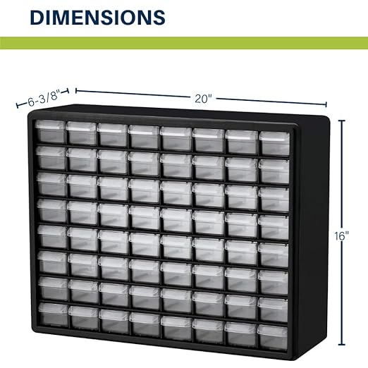 Akro-Mils 64-Drawer Plastic Drawer Storage Cabinet for Garage Organization, Bead Organizer, Building Bricks Storage, Teacher Toolbox, Makeup Organizer, 20-Inch W x 6-Inch D x 16-Inch H, 10164 White