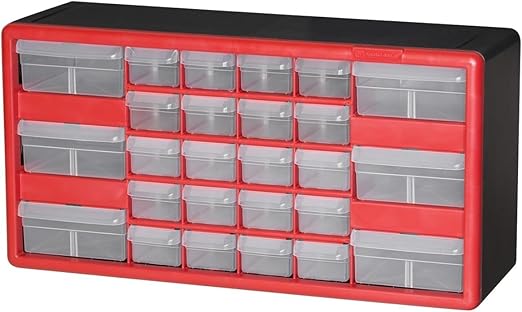 Akro-Mils 26-Drawer Plastic Drawer Storage Cabinet for Garage Organization, Bead Organizer, Building Bricks Storage, Teacher Toolbox, Makeup Organizer, 20-Inch W x 6-Inch D x 10-Inch H, 10126 Red