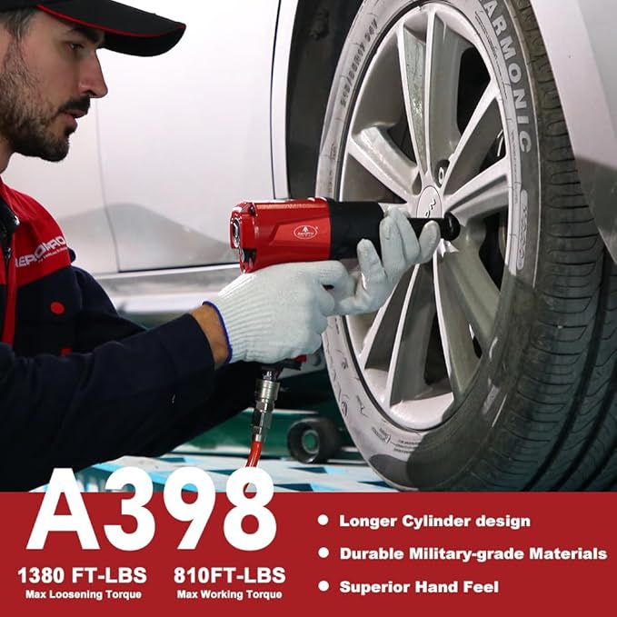 AEROPRO TOOLS 1/2-Inch Aluminum Air Impact Wrench(A398),Twin Hammer with 1380FT-LB Max Loosening Torque, Pneumatic Impact Gun, for Auto Repair, Tire Shop (Aluminum Housing)