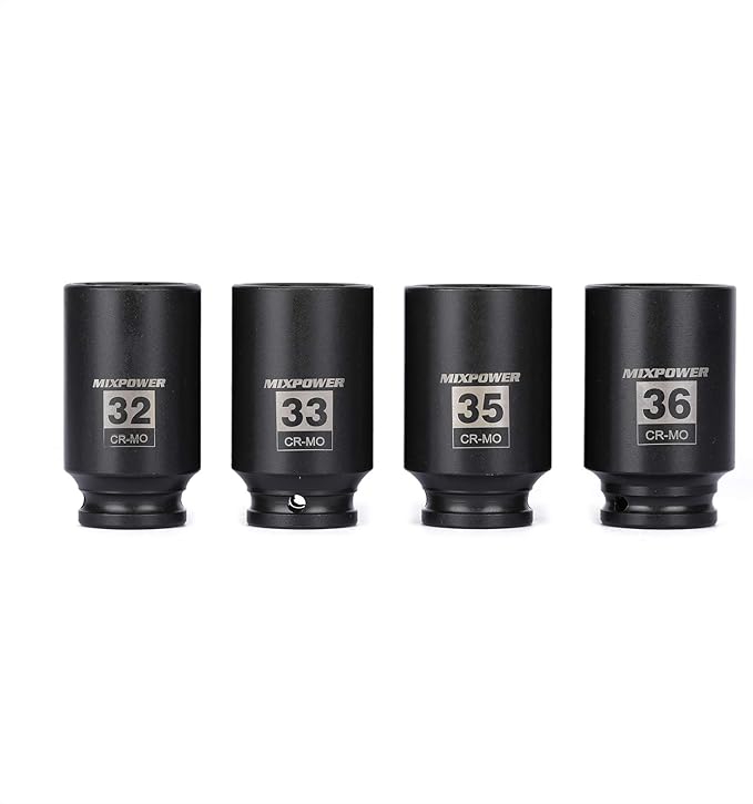 MIXPOWER 4-Piece 1/2'' Drive Deep Impact Socket Set, 6 Point, CR-MO,Metric,32,33,35,36mm, Spindle Axle Nut Impact Socket Set