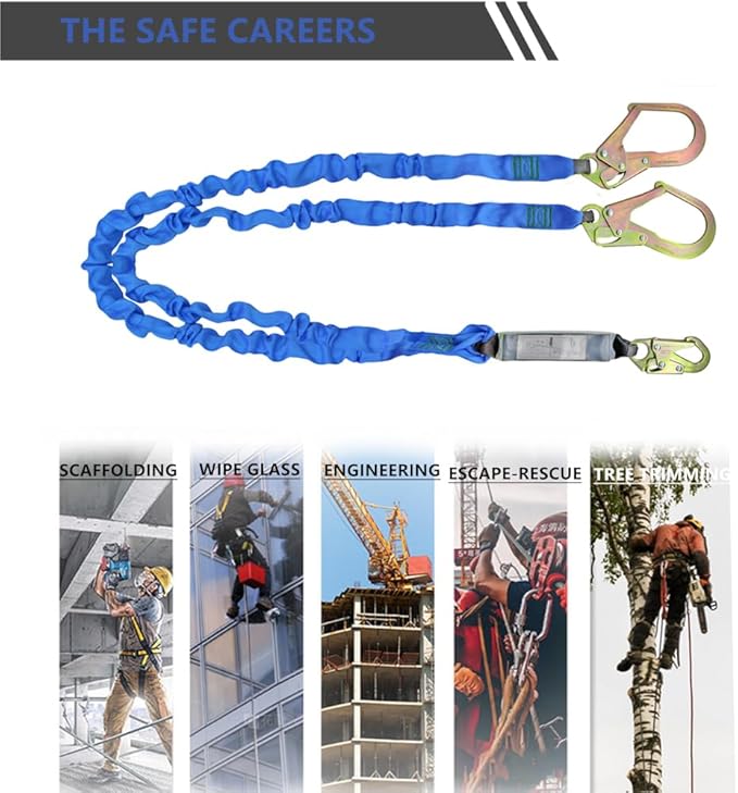 6FT Double Leg Internal Shock Absorbing Safety Fall Protection Lanyard with Dual Rebar & Snap Hook |Heavy-Duty Webbing | Roofer, | OSHA & ANSI Rated (AZ369-B-Shock Absorbing-Blue)