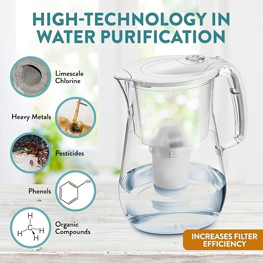 Nakii by Aquaphor Elegant Water Filter Pitcher, Powerful Ion and Aquelen Filtration System, Long Lasting Filter, Filters Chlorine, Lead, Heavy Metal, Remove Lime-scale, Filter Change Indicator, 17 Cup