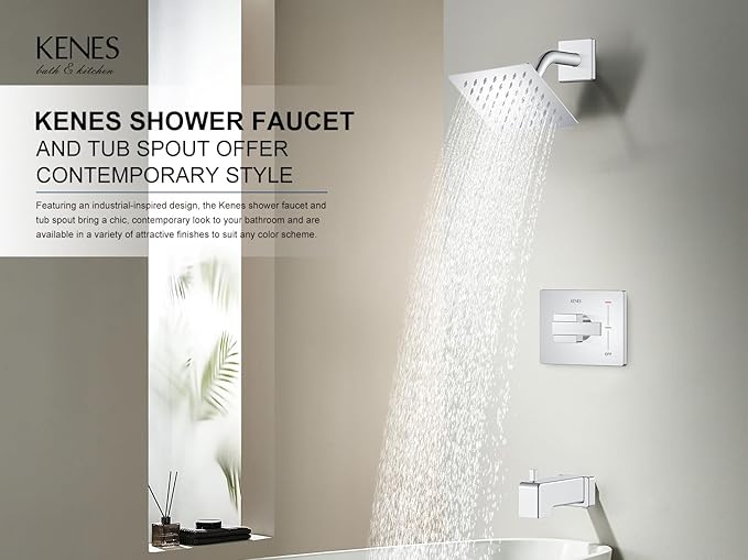KENES Polished Chrome Tub and Shower Trim Kit, Modern Shower Faucet with Single-Spray Square Stainless Rain Shower Head, Shower Trim Chrome, KE-6025A-5 (Shower Valve Included)
