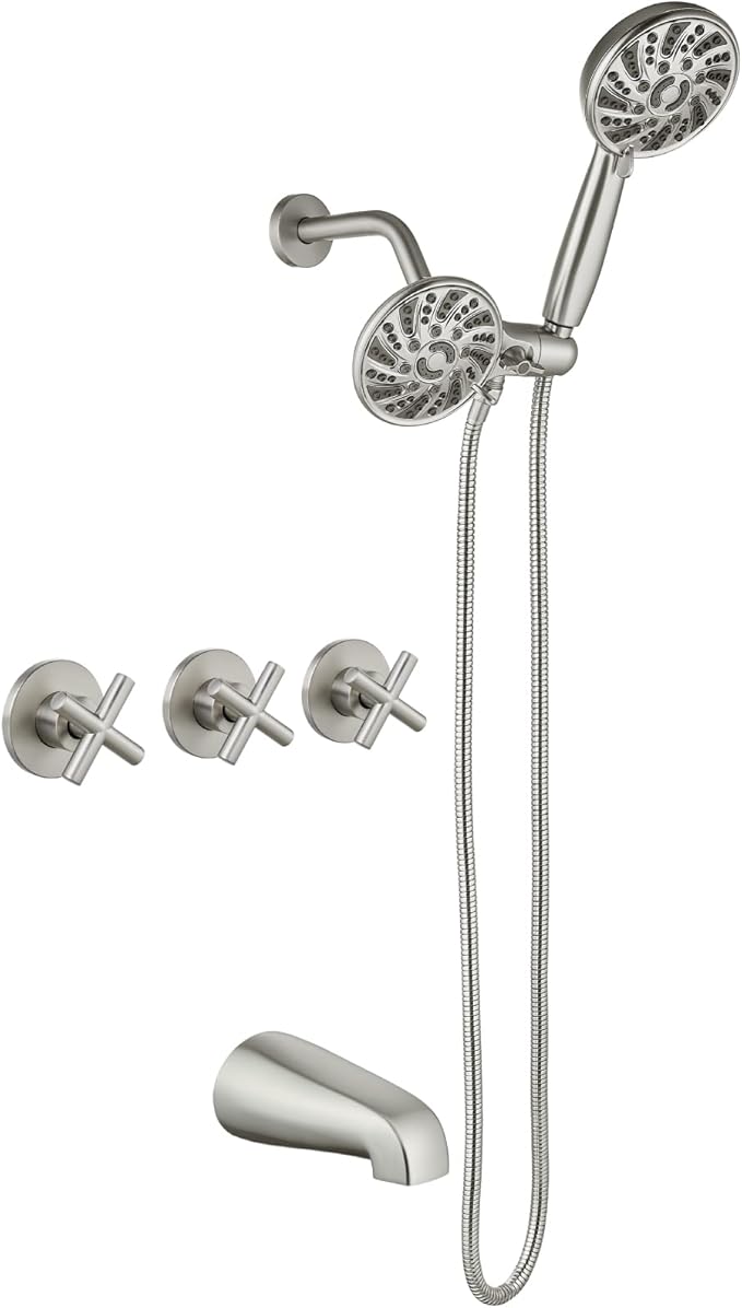 gotonovo 3 Handle Tub Shower Faucet Set, Dual Shower Head and Handle Set, Bathtub and Shower Faucet Combo,Shower System with Tub Spout,Wall Mount Tub Shower Trim Kit Brushed Nickel