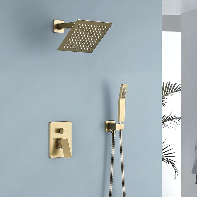JOYWELL Shower Faucet Brushed Gold Shower System 8 Inches Rain Shower and Handheld Shower Combo,2-Function Shower Fixtures Included Shower Trim Kit