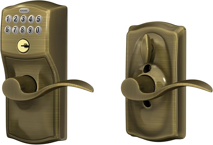 SCHLAGE FE595 CAM 609 ACC Camelot Keypad Entry with Flex-Lock and Accent Levers, Antique Brass