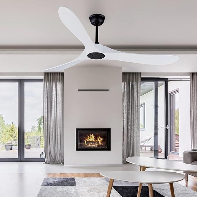 Bigzone 60" White Ceiling Fan Without Lights,DC Motor Quiet Energy Saving,3 White Balsa Wood Blades,Outdoor/Indoor Ceiling Fan With Remote Control,Reversible Blades
