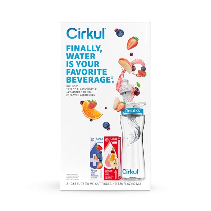Cirkul 22oz. BPA-Free Plastic Water Bottle Starter Kit with Blue Lid, 2 Flavor Cartridges (1 LifeSip Fruit Punch, 1 FitSip Mixed Berry) Zero Calories and No Sugar