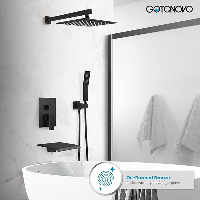 gotonovo Rain Shower Faucet System Set Rainfall Shower Head with Handheld Sprayer Waterfall Tub Spout Wall Mounted Mixer Combo Rough-in Valve and Trim Included 12 Inch Showerhead Oil Rubbed Bronze