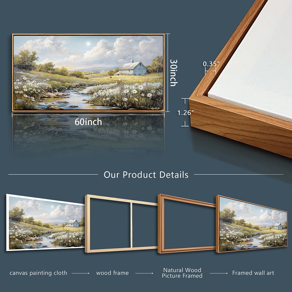 PHAOHUAXM Large Canvas Wall Art For Living Room Wall Decor For Bedroom Flower Watercolour Office Decoration Countryside Scenery Wall Picture Printing Art Painting Home Decor 30x60 In Wood Framed