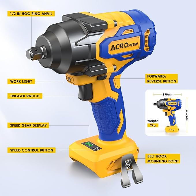 Cordless Impact Wrench Compatible with DEWALT 20V MAX Battery, 1/2 Inch Brushless High Torque Power Impact Gun 665 Ft-lbs(900 N.m) with 3-Mode Speed, LED Light (Bare Tool Only)