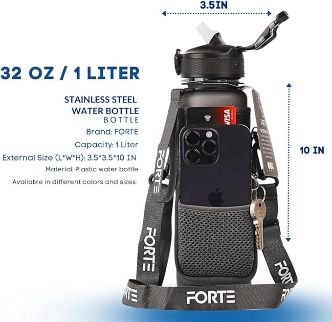 FORTE Plastic Water Bottle with Sleeve - BPA-Free Water Jug with Leak Proof Lid and Straw - Perfect for Gym, Office, and Everyday Use (Grey)