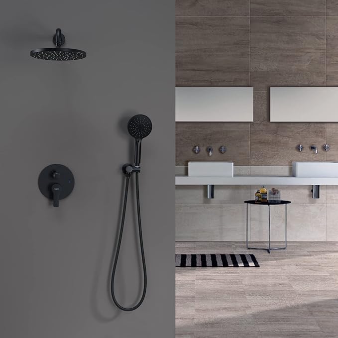 Iriber Shower System Wall Mounted Shower Faucet Mixer Set with Luxury High Pressure Shower head and 3-Setting Handheld, Bathroom Shower Trim Kit Contain Pressure Balance Valve, Matte black