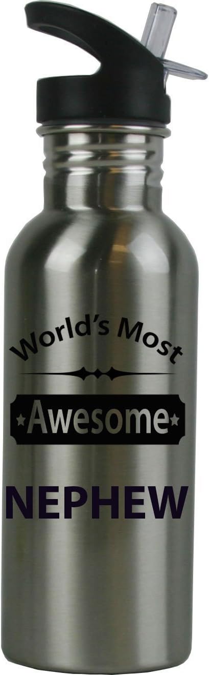 CustomGiftsNow World's Most Awesome Nephew Stainless Steel Water Bottle with Straw Top 20 Ounce 600ml Sport Water Bottle