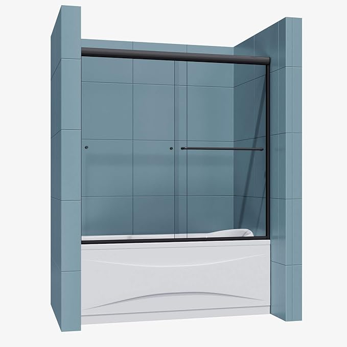 SUNNY SHOWER Bathtub Shower Door Glass Sliding Tub Door Semi-Frameless 1/4" Clear Glass Shower Enclosure Doors for Bathroom, Black Finish 58.5-60 in.W x 57.4 in.H
